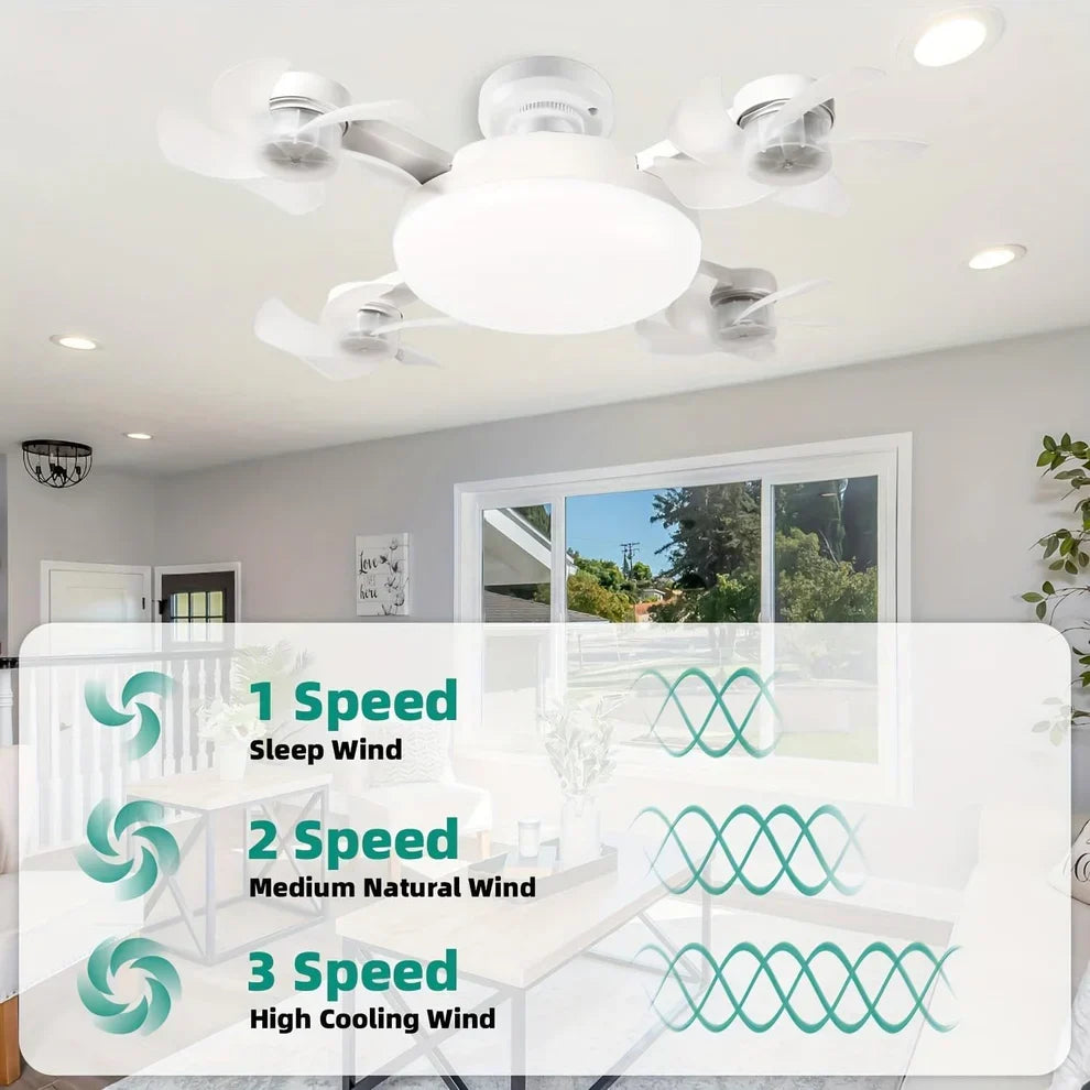 Socket Fan Light with Remote Control, E27 Screw-in, 3 Color Temperatures, 3 Wind Speeds, 4 Head