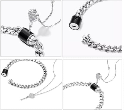 Heart Key Pendant Necklace & Lock Bracelet Set